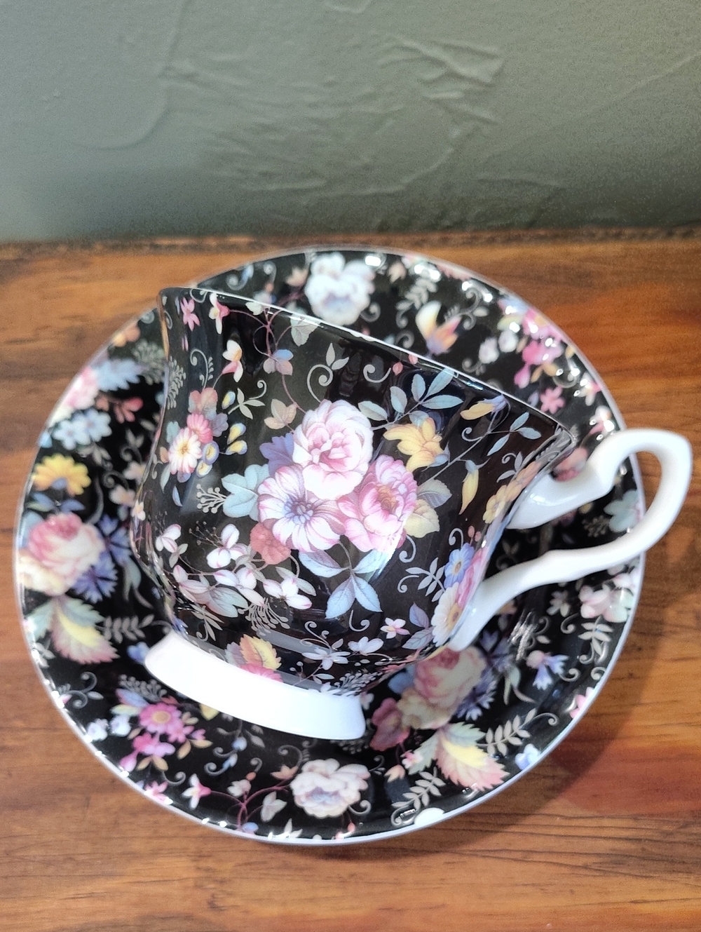 Stechcol Teacup & Saucer Set Black Floral Print 2 Piece